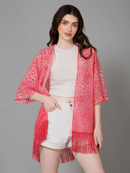 PURYS - Pink Abstract Casual Printed Kimono Shrug