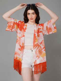 PURYS - Orange Casual Printed Kimono Shrug