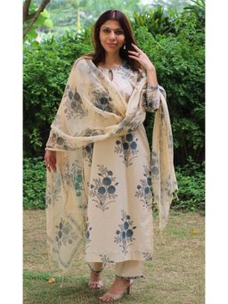 Gahan - Womens Viscose Rayon Straight Printed Kurta With Pant & Dupatta - Cream