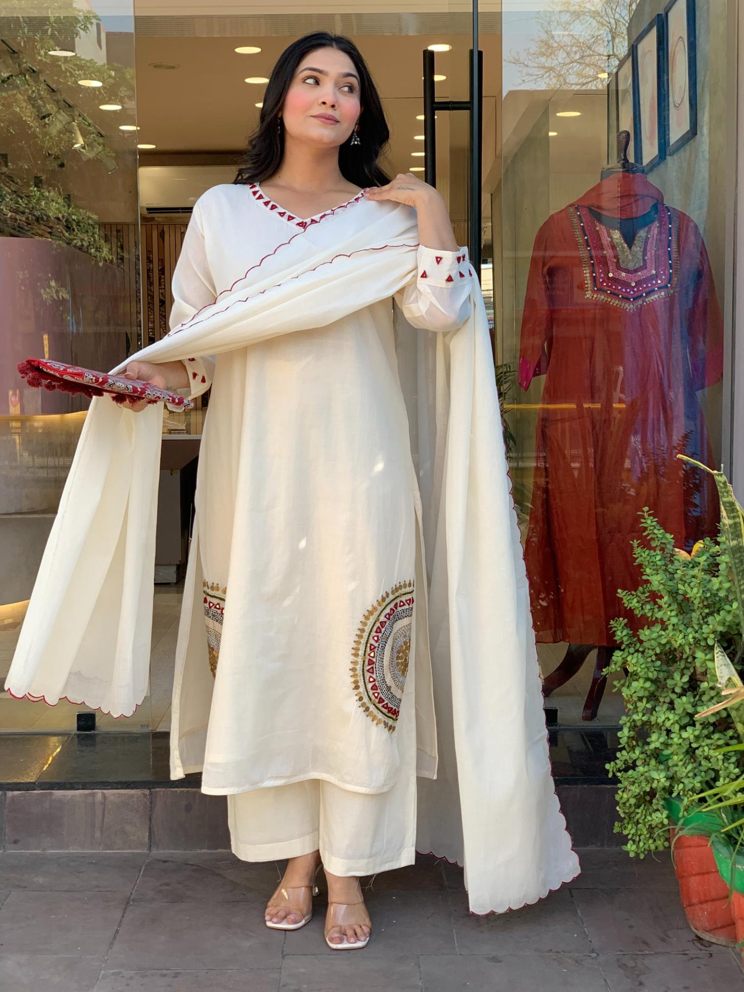 gahan Womens Viscose Rayon Straight Embroidered Kurta With Pant & Dupatta - Cream-picture-47