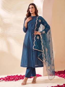 Gahan - Teal Chanderi Zari Embroidered Straight Anarkali Kurta, Pant & Dupatta