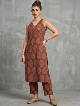 Gahan - Womens Rust Printed Kurta with Pant