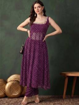 Gahan - Womens Purple Printed Anarali Kurta with Pant