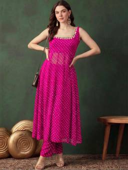 Gahan - Womens Pink Printed Anarali Kurta with Pant