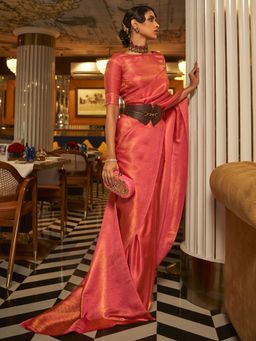 Akhilam - Womens Nylon Pink Woven Designer Saree with Unstitched Blouse