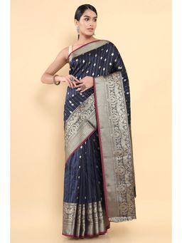 Soch - Women Navy Blue Silk Woven Saree with Unstitched Blouse