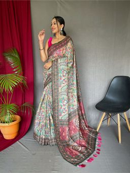 EXCLUSIVA - Multicolor Kalamkari Print Cotton Saree with Unstitched Blouse