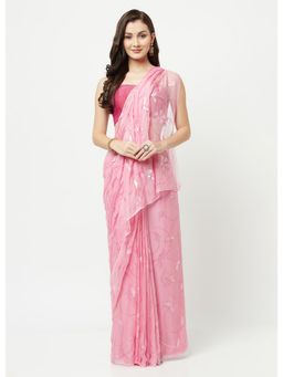 La Vastraa - Pink Pearl Hand Painted Chiffon Saree With Unstitched Blouse