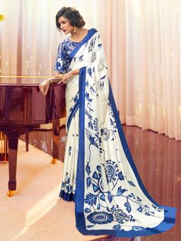 Odette - Off White & Blue Festive Crepe Printed Saree with Unstitched Blouse