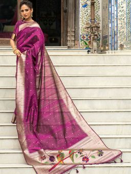 Odette - Wine Tussar Silk Paithani Saree with Unstitched Blouse