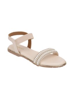 LAZERA SHOES - Women Beige Pearl Embellished Ankle Strap Sandals