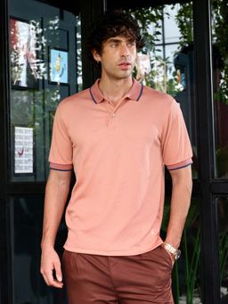 Campus Sutra - Men Peach Contrast-Lined Ribbed Polo T-Shirt