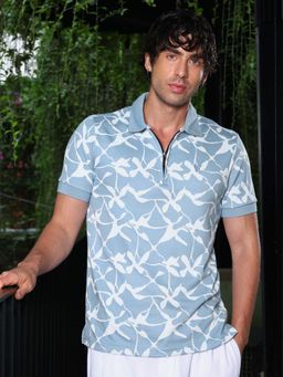 Campus Sutra - Men Powder Blue Stroke Jacquard-Knit Polo T-Shirt