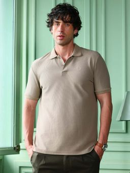Campus Sutra - Men Sand Beige Solid-Ribbed Polo T-Shirt