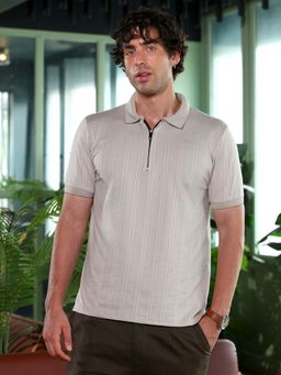 Campus Sutra - Men Peanut Brown Chalk-Striped Polo T-Shirt