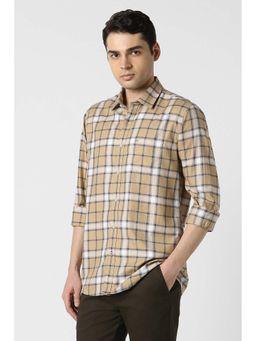 Peter England - Men Beige Slim Fit Check Full Sleeves Casual Shirt