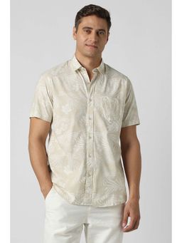 Peter England - Men Beige Slim Fit Print Half Sleeves Casual Shirt