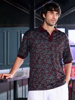 Campus Sutra - Men Maroon Floral Jacquard Polo T-Shirt
