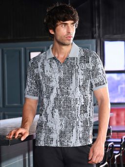 Campus Sutra - Men Coin Grey Gravel Printed Polo T-Shirt