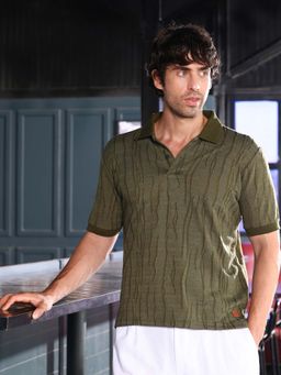 Campus Sutra - Men Dark Olive Crevice-Jacquard Polo T-Shirt