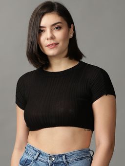 SHOWOFF - Womens Round Neck Fitted Solid Black Crop Top