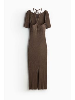 H&M - Women Brown Rib-Knit Tie-Detail Dress