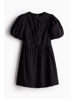 H&M - Women Black Tie-Detail Puff-Sleeved Dress