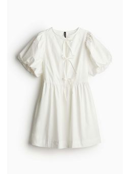 H&M - Women White Tie-Detail Puff-Sleeved Dress