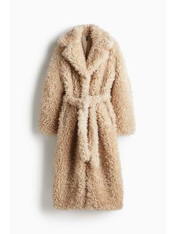 H&M - Women Beige Tie-Belt Teddy Coat