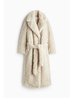 H&M - Women Beige Fluffy Tie-Belt Coat