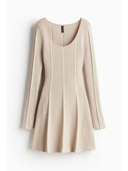 H&M - Women Beige Flared-Skirt Rib-Knit Mini Dress