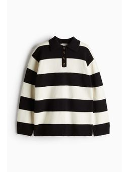 H&M - Women Black Fine-Knit Polo Shirt
