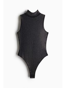 H&M - Women Black Rhinestone-Embellished Mesh Bodysuit
