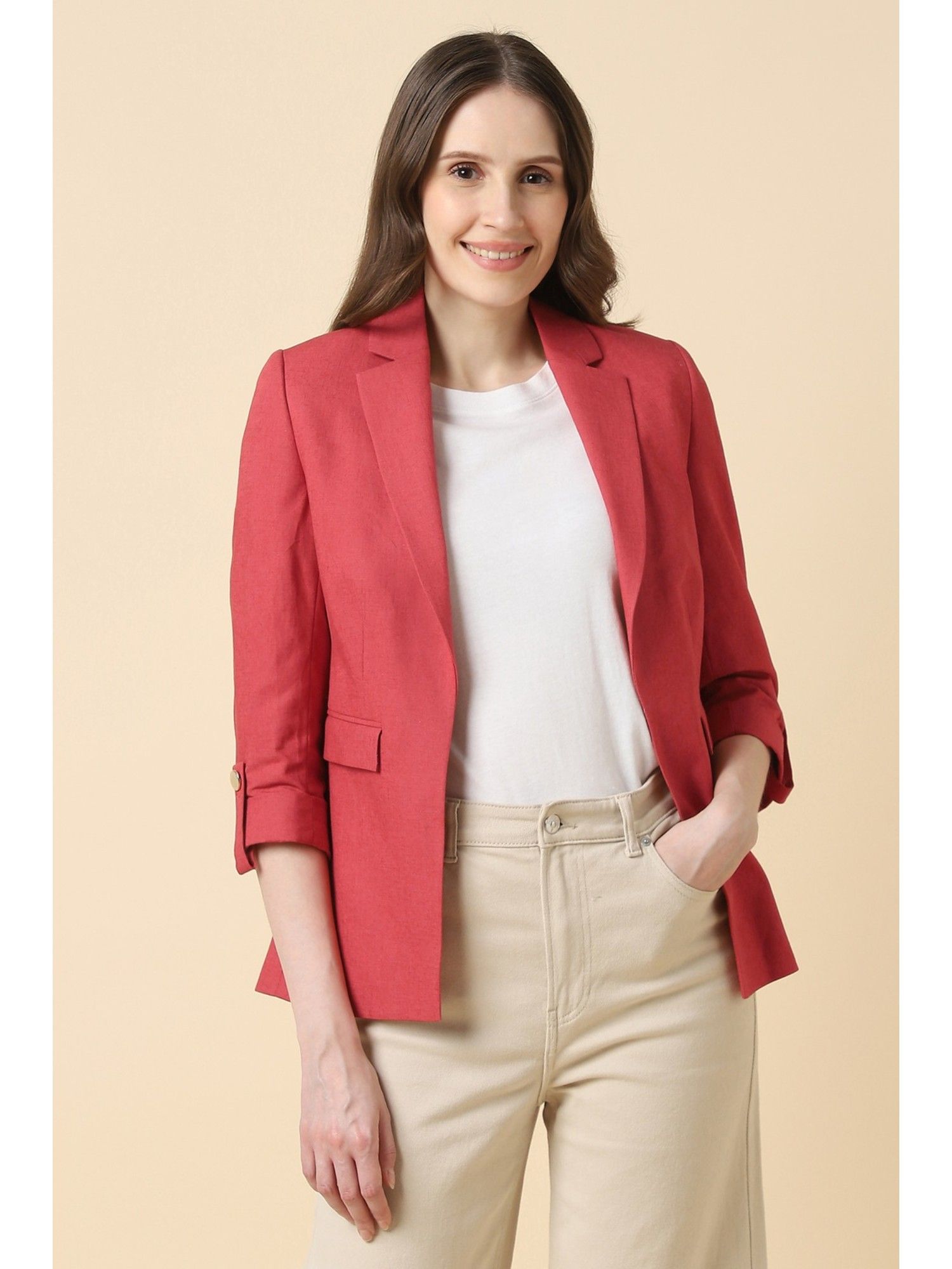 Women's Red Solid Casual Blazer