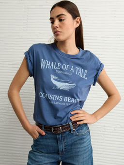 American Eagle - Women's Navy Blue Printed T-Shirt
