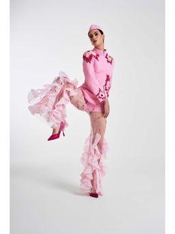 Prot Official - Pink Floral Embroidery Trouser with Ruffle Details