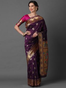 Akhilam - Magenta Wedding Silk Blend Woven Design Saree with Unstitched
