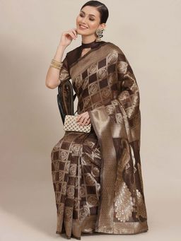 Sareemall - Women Cotton Blend Brown Designer Saree with Unstitched Blouse