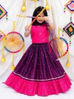 BownBee - Mirror Work Halter Neck Choli & Lehenga With Dupatta For Girls - Pink