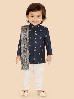 ETHNIKS NEURON - Boys Navy Blue Embroidered Kurta with Pyjama & Dupatta