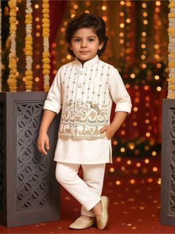 Kidbea - Boys Off White Embroidered Kurta with Pyjama & Jacket