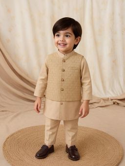 Kidbea - Boys Beige Embellished Kurta with Pyjama Jacket
