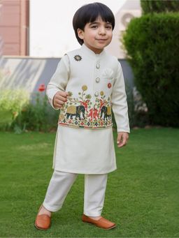 Kidbea - Boys White Embroidered Kurta with Pyjama & Jacket