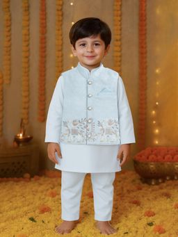 Kidbea - Boys Blue Embroidered Kurta with Pyjama & Jacket
