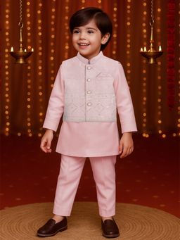 Kidbea - Boys Pink Embroidered Kurta with Pyjama & Jacket