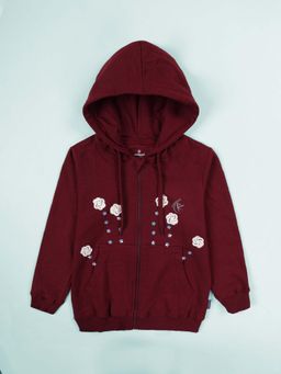 KiddoPanti - Girls Maroon Embroidered Hoodie