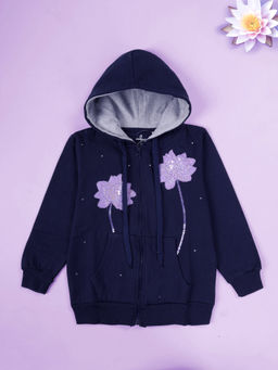 KiddoPanti - Girls Navy Blue Embroidered Hoodie and Jogger