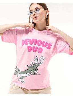 Bewakoof - Heavy Duty 1.0 Tom & Jerry Women's Pink Devious Duo Graphic Printed Oversized T-shirt