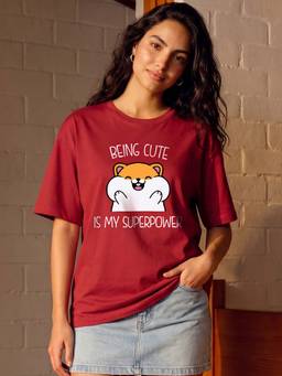 Bewakoof - Women's Red Being Cute Is My Superpower Graphic Printed Oversized T-shirt