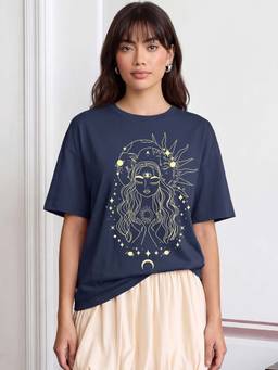 Bewakoof - Women's Blue Stardust Soul Graphic Printed Oversized T-shirt
